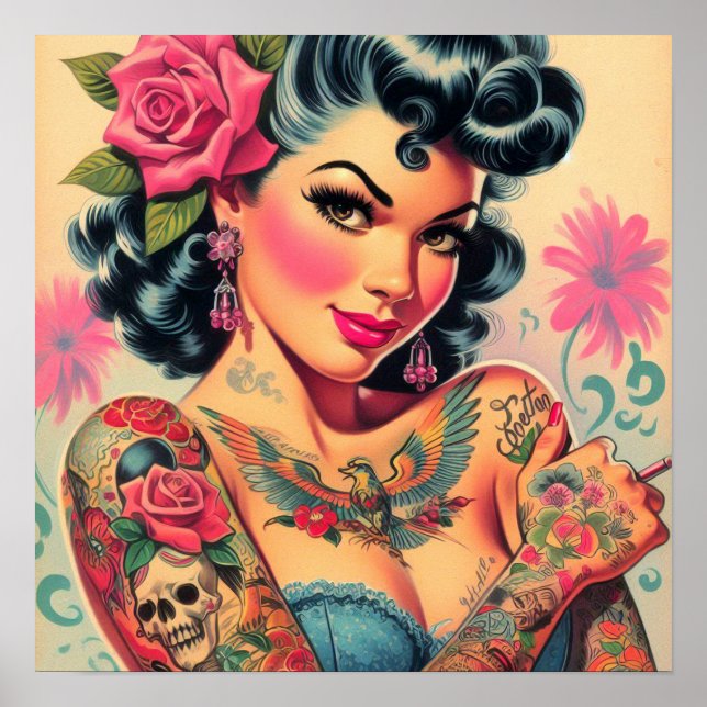 Retro Cute Tattooed Pin-up Poster (Front)
