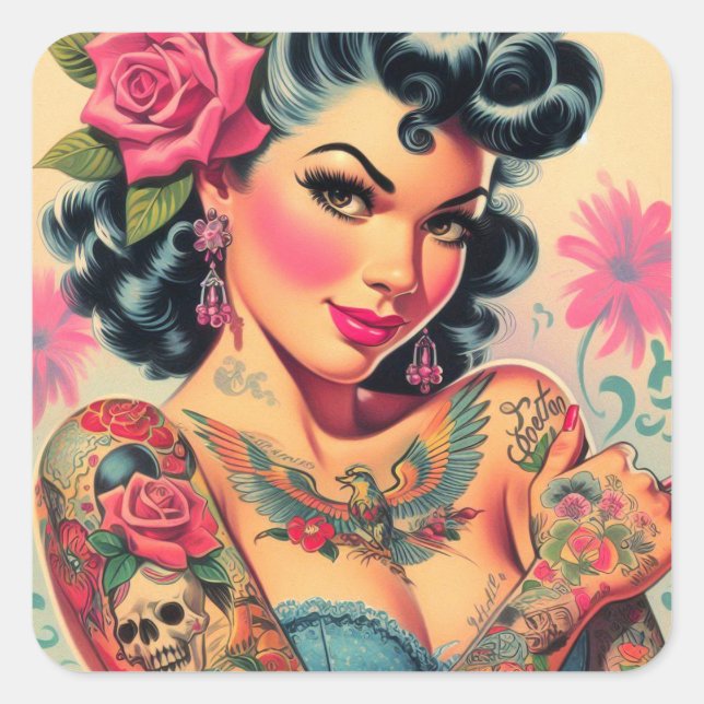 Retro Cute Tattooed Pin-up Square Sticker (Front)