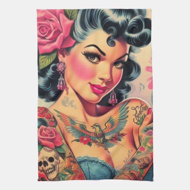 Retro Cute Tattooed Pin-up Tea Towel (Vertical)