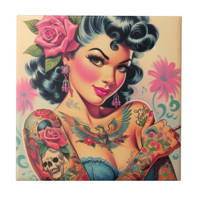 Retro Cute Tattooed Pin-up Tile (Front)