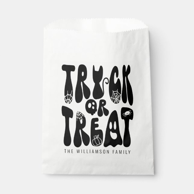 Retro Cute Trick or Treat Halloween Ghost | Black Favour Bags (Front)