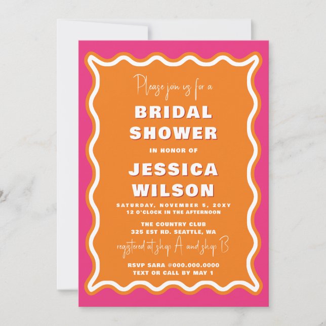 Retro Cute Wavy Pink Orange Photo Bridal Shower Invitation (Front)