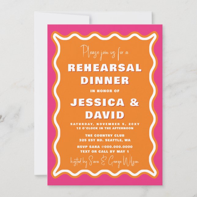 Retro Cute Wavy Pink Orange Photo Rehearsal Dinner Invitation (Front)