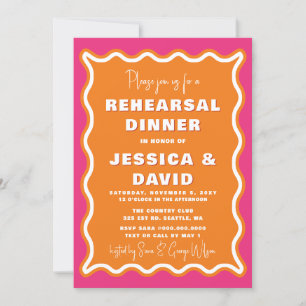 Retro Cute Wavy Pink Orange Photo Rehearsal Dinner Invitation