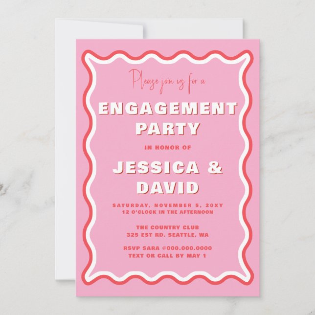 Retro Cute Wavy Pink Red Photo Engagement Party  Invitation (Front)