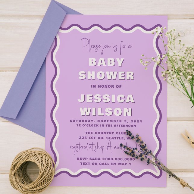 Retro Cute Wavy Purple Girl Baby Shower Invitation (Creator Uploaded)
