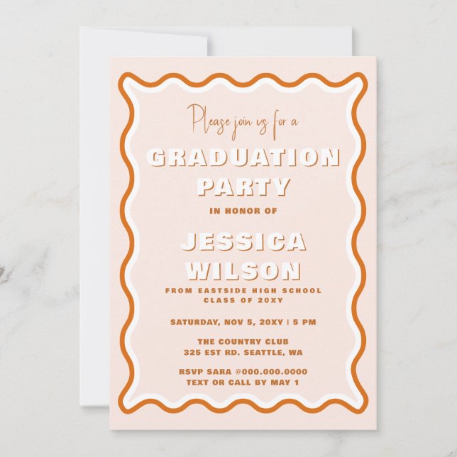 Retro Cute Wavy Terracotta Photo Graduation Invitation (Front)
