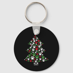 Retro Cute Xmas Dog Paw Print Christmas Tree Puppy Key Ring