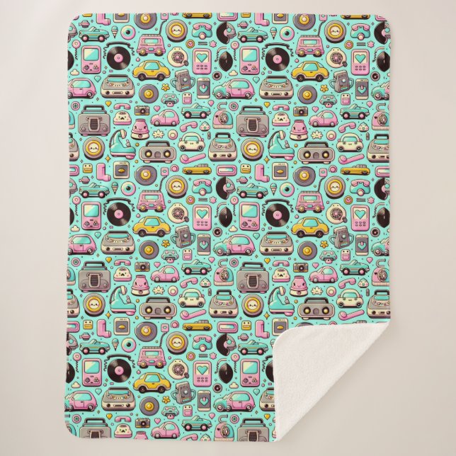 Retro Cuties: Whimsical Pastel Sherpa Blanket (Front)