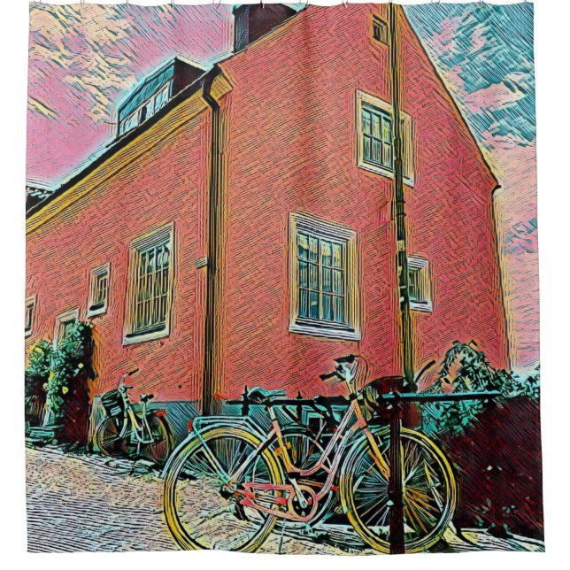 Retro cycling artwork shower curtain (Front)
