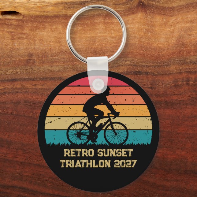 Retro Cycling Sunset Custom Triathlon Key Ring (Front)