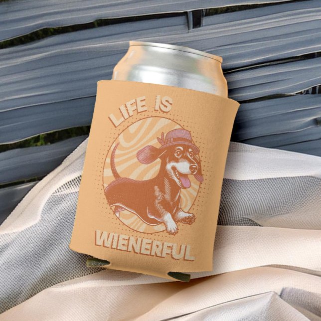 Retro Dachshund "Life is Wienerful" Cute Funny Can Cooler (This fun and quirky design features an adorable dachshund, complete with a cute fedora hat!)