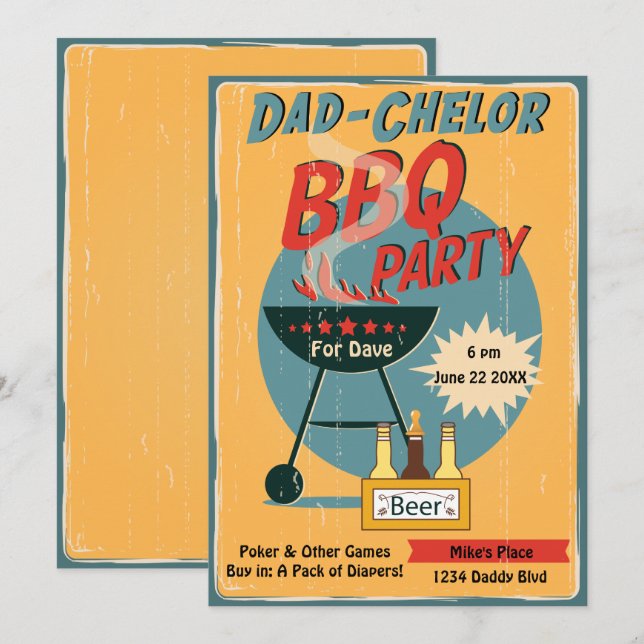 Retro Dad-Chelor BBQ Party Baby Shower Invitation (Front/Back)