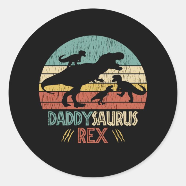 Retro Daddy Saurus Rex Dinosaur Dad Humour Gift Classic Round Sticker (Front)