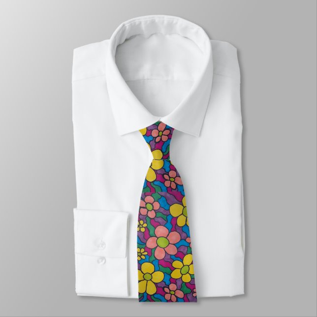 Retro Daisies Colorful Print  Tie (Tied)