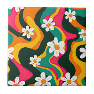 Retro Daisies Colourful 70s Hippie Pattern  Tile