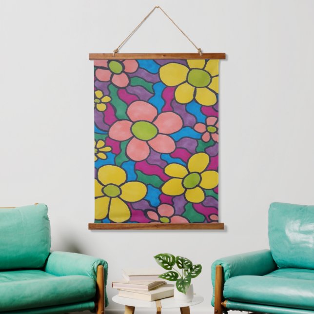 Retro Daisies Colourful Print Hanging Tapestry (Living Room)