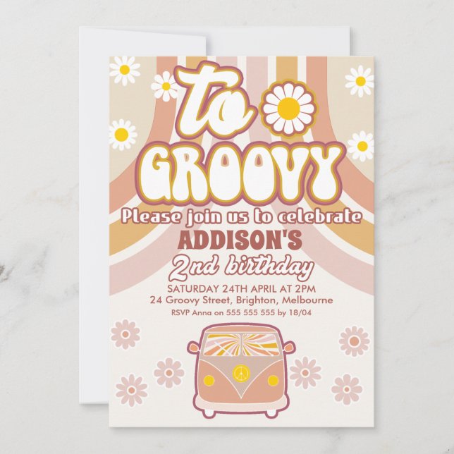 Retro Daisies Combi Two Groovy 2nd Birthday Invitation (Front)