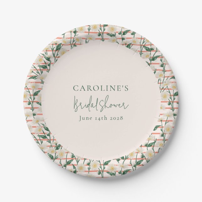 Retro Daisies Floral Green Bridal Shower Custom Paper Plate (Front)