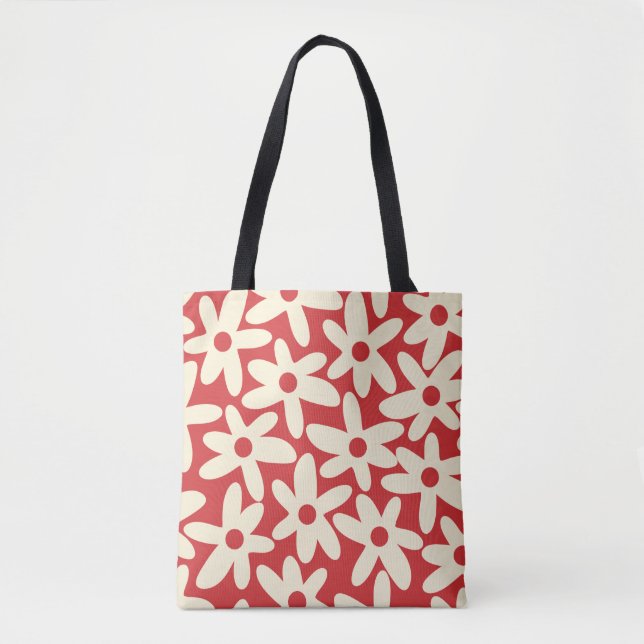 Retro Daisies Floral Pattern Red and Cream Tote Bag (Front)