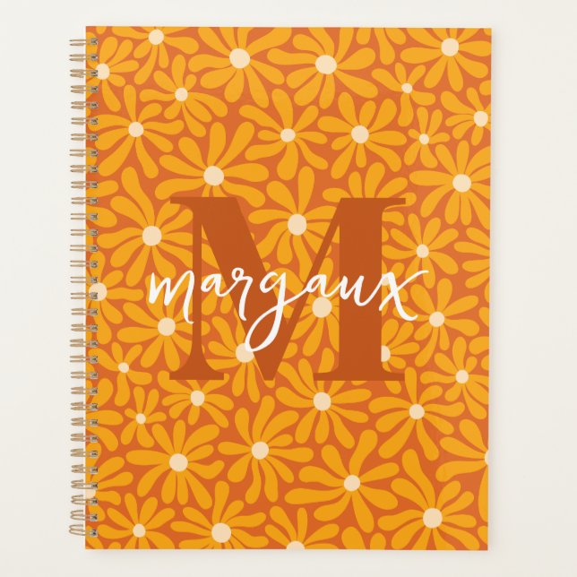 Retro Daisies Floral Personalized Monogram Name Planner (Front)