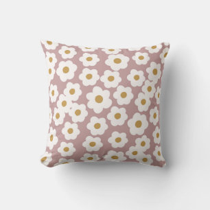 Retro Daisies Floral Pink White Throw Pillow