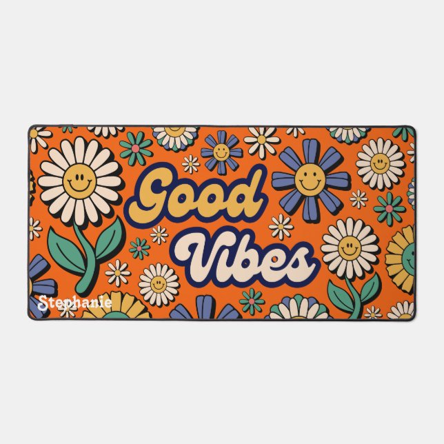 Retro Daisies Groovy 70s Good Vibes Name Script Desk Mat (Front)
