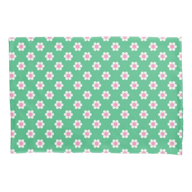 Retro Daisies Pink and Green Reversible Pillowcase (Front-Left)