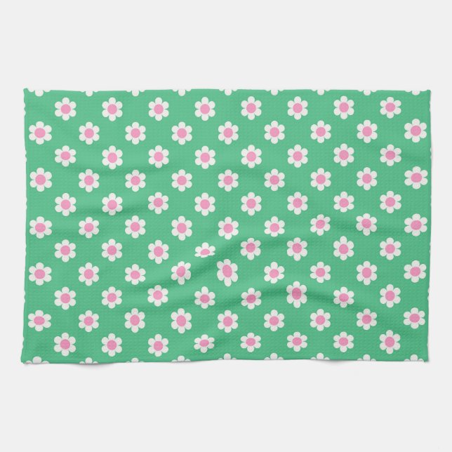 Retro Daisies Pink and Green Tea Towel (Horizontal)