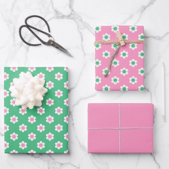 Retro Daisies Pink and Green Wrapping Paper Sheet (Front)