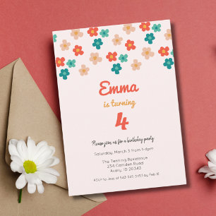 Retro Daisies Pink Girls Birthday Party Invitation