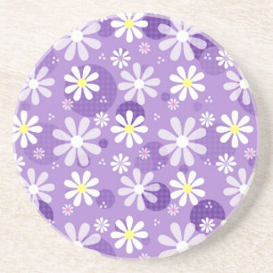 Retro Daisies Purple Gingham Circles Coaster