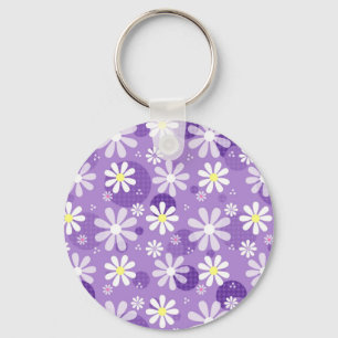 Retro Daisies Purple Gingham Circles Key Ring