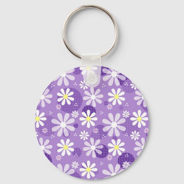 Retro Daisies Purple Gingham Circles Key Ring (Front)