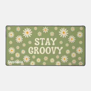 Retro Daisies Stay Groovy Sage Green Script Name Desk Mat