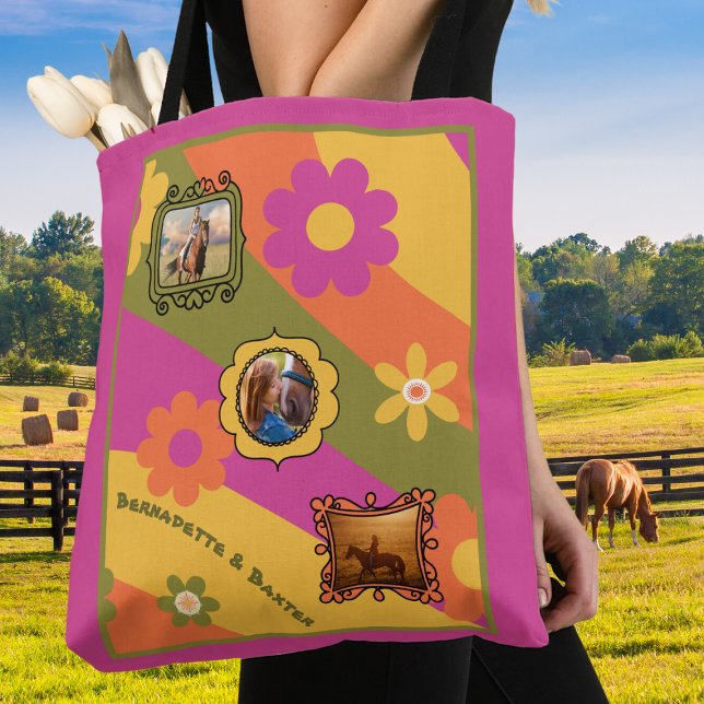 Retro Daisy 3 Photo Horse Pet Collage and Name Tote Bag (Creator Uploaded)