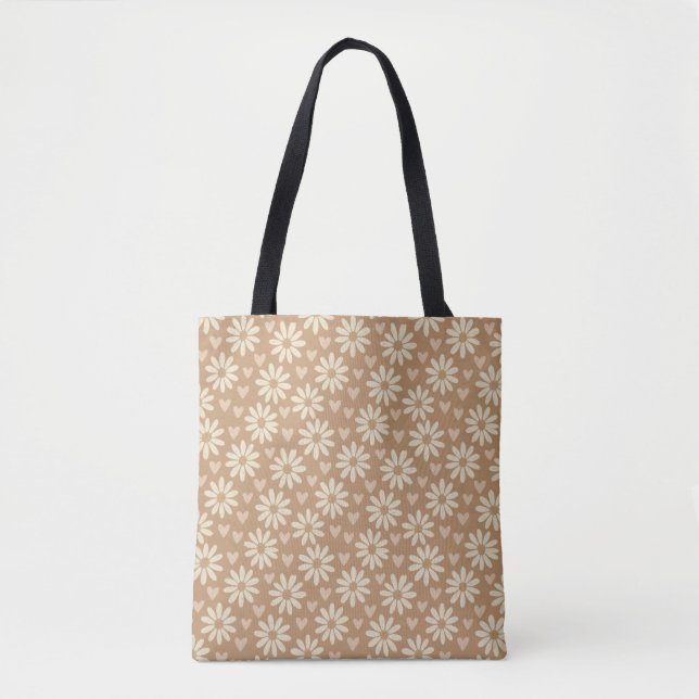 Retro Daisy and Heart Tote Bag (Front)