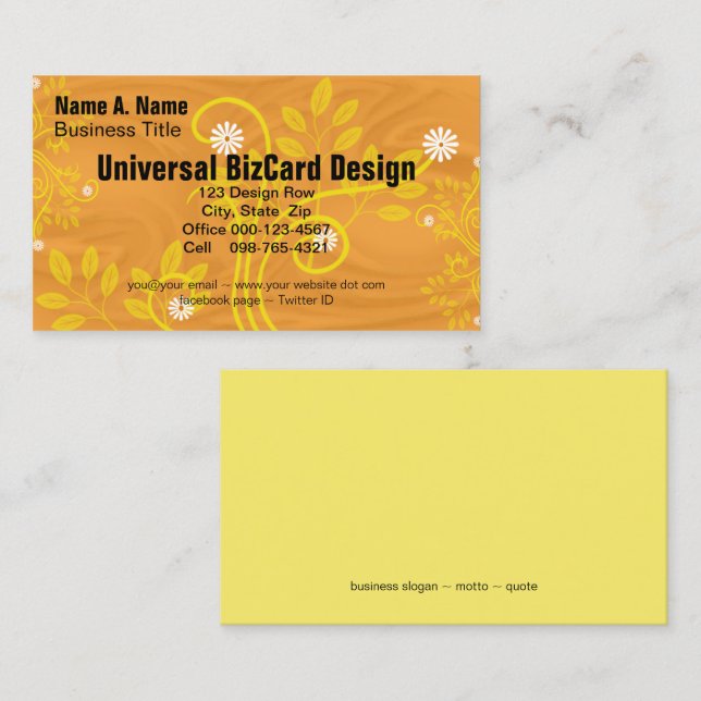 Retro Daisy and Yellow Filigree Over Orange Business Card (Front/Back)