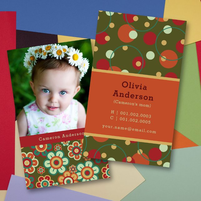 Retro Daisy Blooms And Dots Pattern Photo Mummy Calling Card (Creator Uploaded)