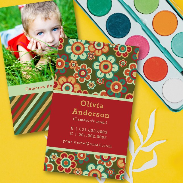 Retro Daisy Blooms And Stripes Pattern Photo Mummy Calling Card (Creator Uploaded)