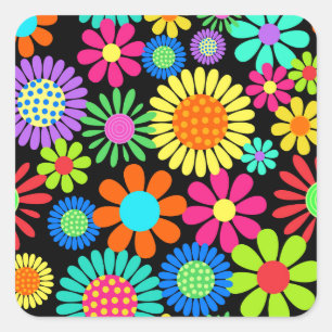 Retro Daisy Blossom Flower Power Pattern Square Sticker