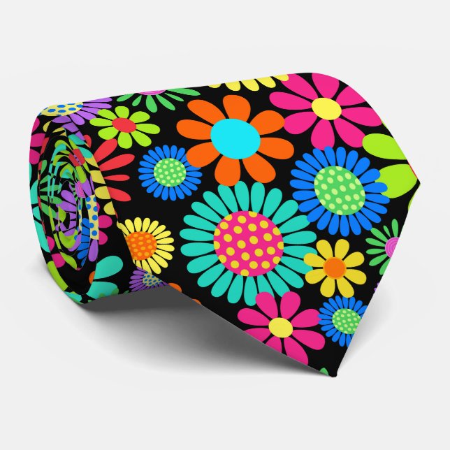 Retro Daisy Blossom Flower Power Pattern Tie (Rolled)