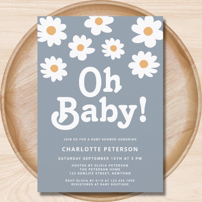 Retro Daisy Blue Baby Shower Invitation (Creator Uploaded)