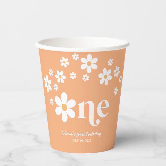 Retro daisy boho 1st birthday paper cups (Front)