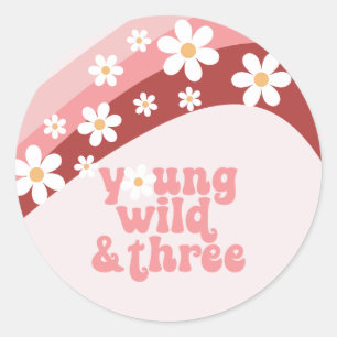 Retro daisy boho floral 3rd birthday classic round sticker