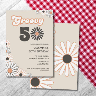 Retro Daisy Boho Terracotta Natural 50th Birthday Invitation