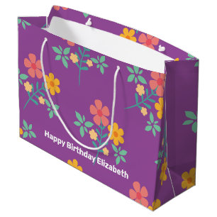 Retro Daisy Bouquet Pattern in Purple Customised Large Gift Bag