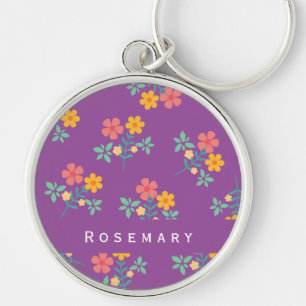 Retro Daisy Bouquet Pattern in Purple  Key Ring