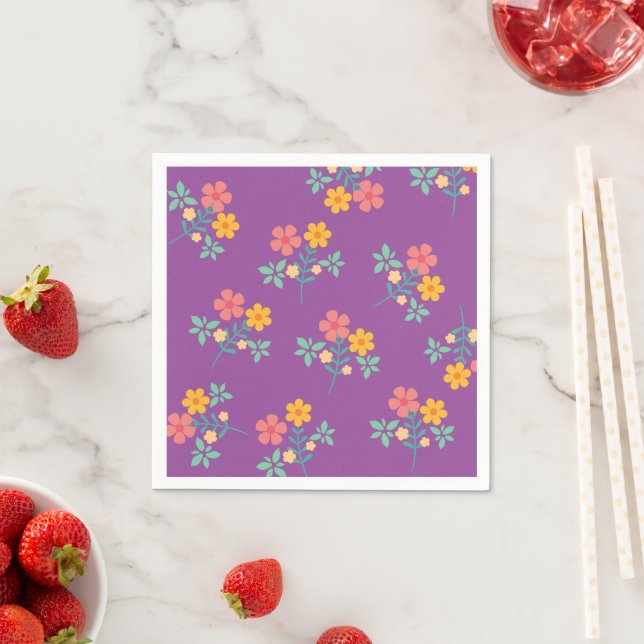Retro Daisy Bouquet Pattern in Purple  Napkin (Insitu)
