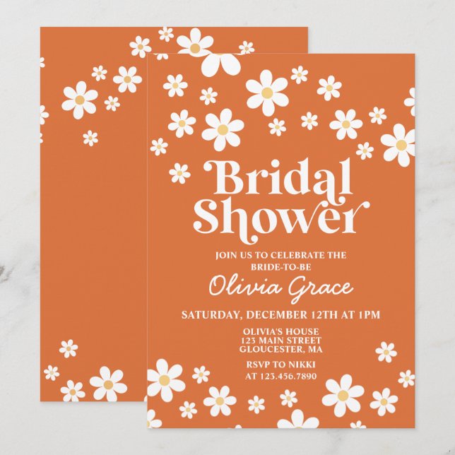 Retro Daisy Burnt Orange Bridal Shower Invitation (Front/Back)